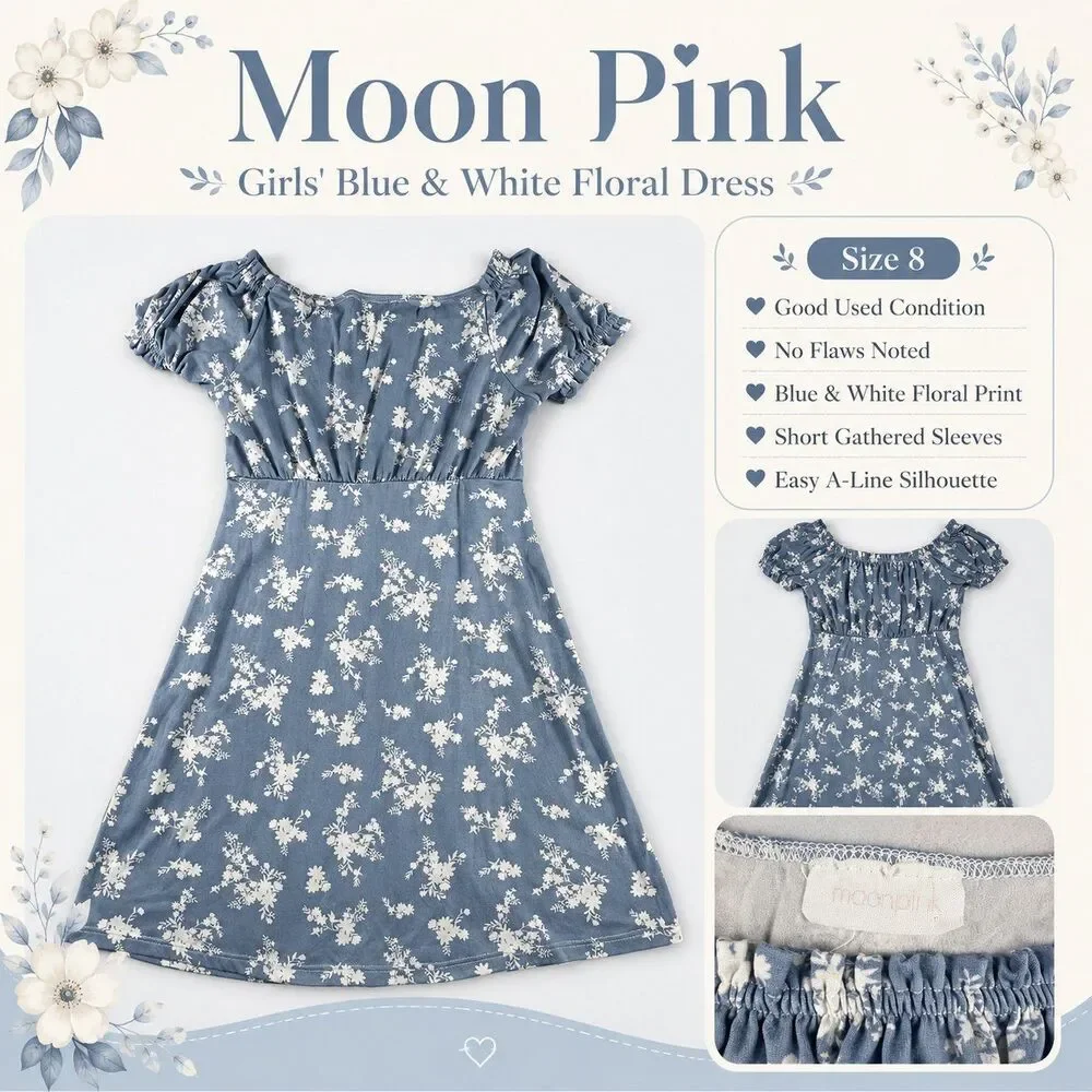 Moon Pink Girls Size 8 Blue White Floral Dress Puff Sleeve